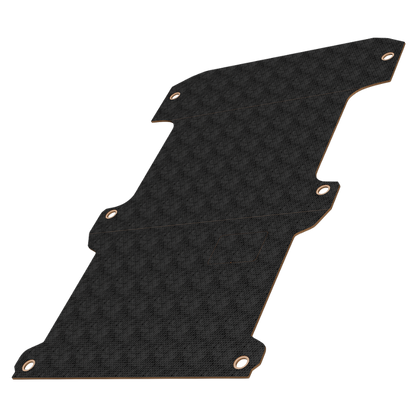 Carbon fiber panel with grommets on a white background