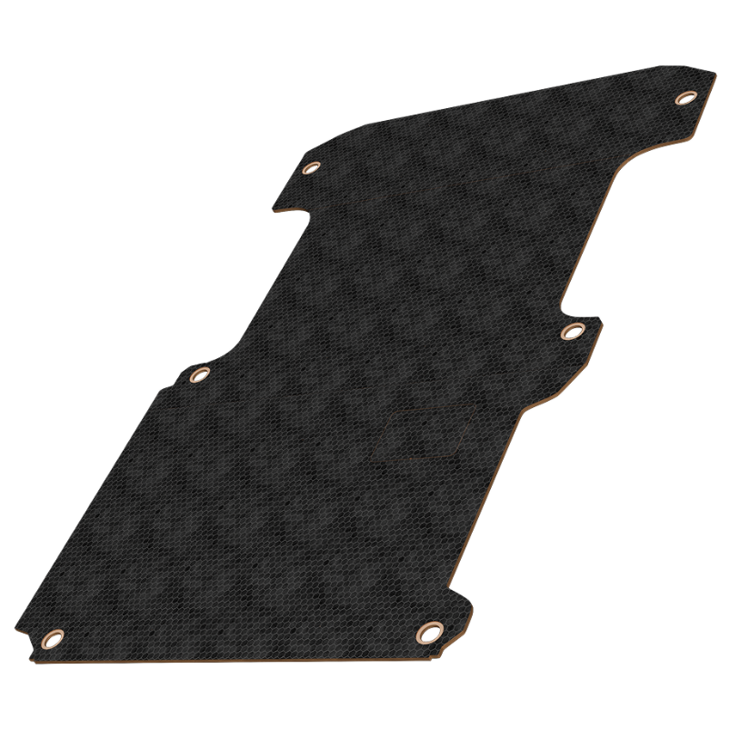 Black textured panel with circular cutouts on a white background