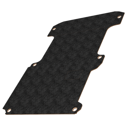 Black textured panel with circular cutouts on a white background