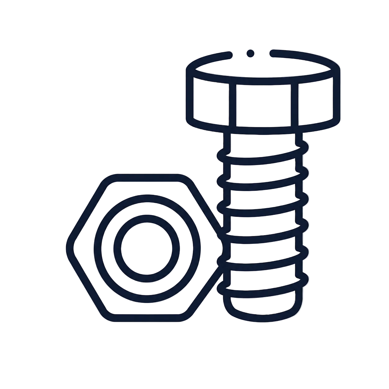 A simple line-art illustration of a hexagonal nut next to a threaded bolt on a plain white background.